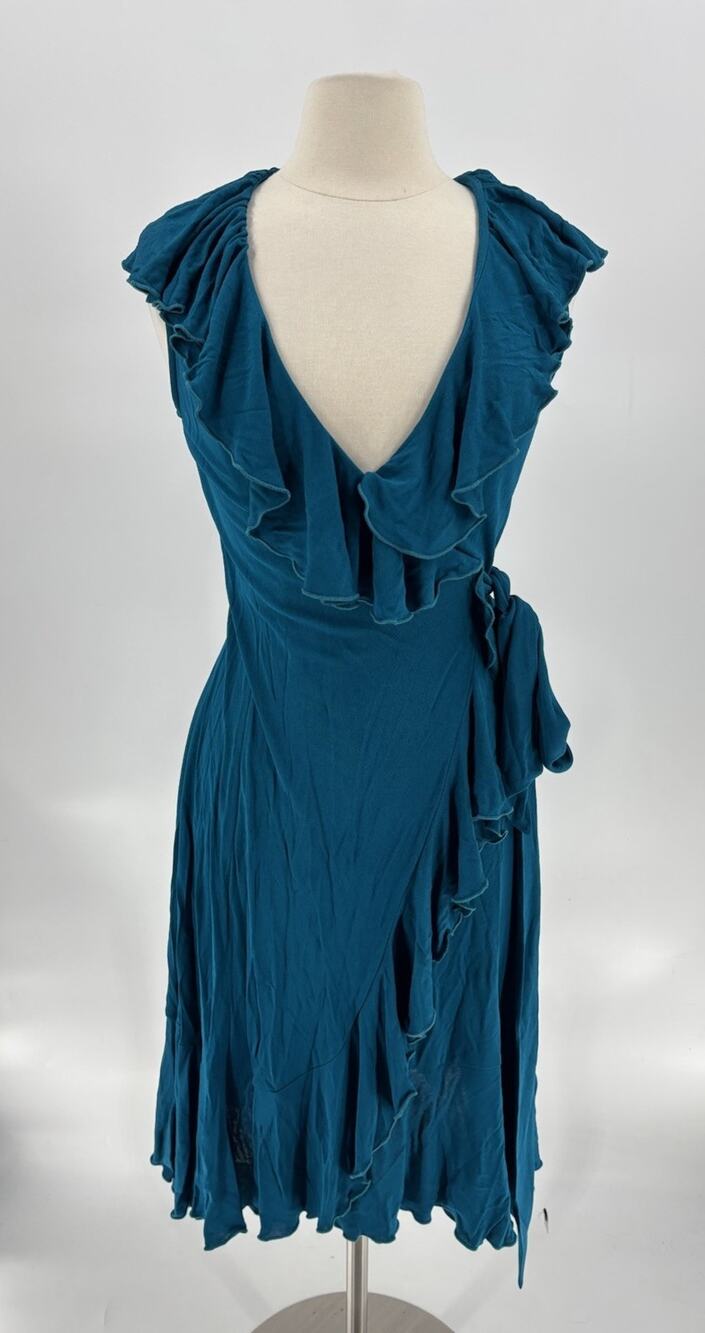 Diane Von Furstenberg Wrap Dress Womens 6 Blue Asymmetrical Ruffles V Neck Tie
